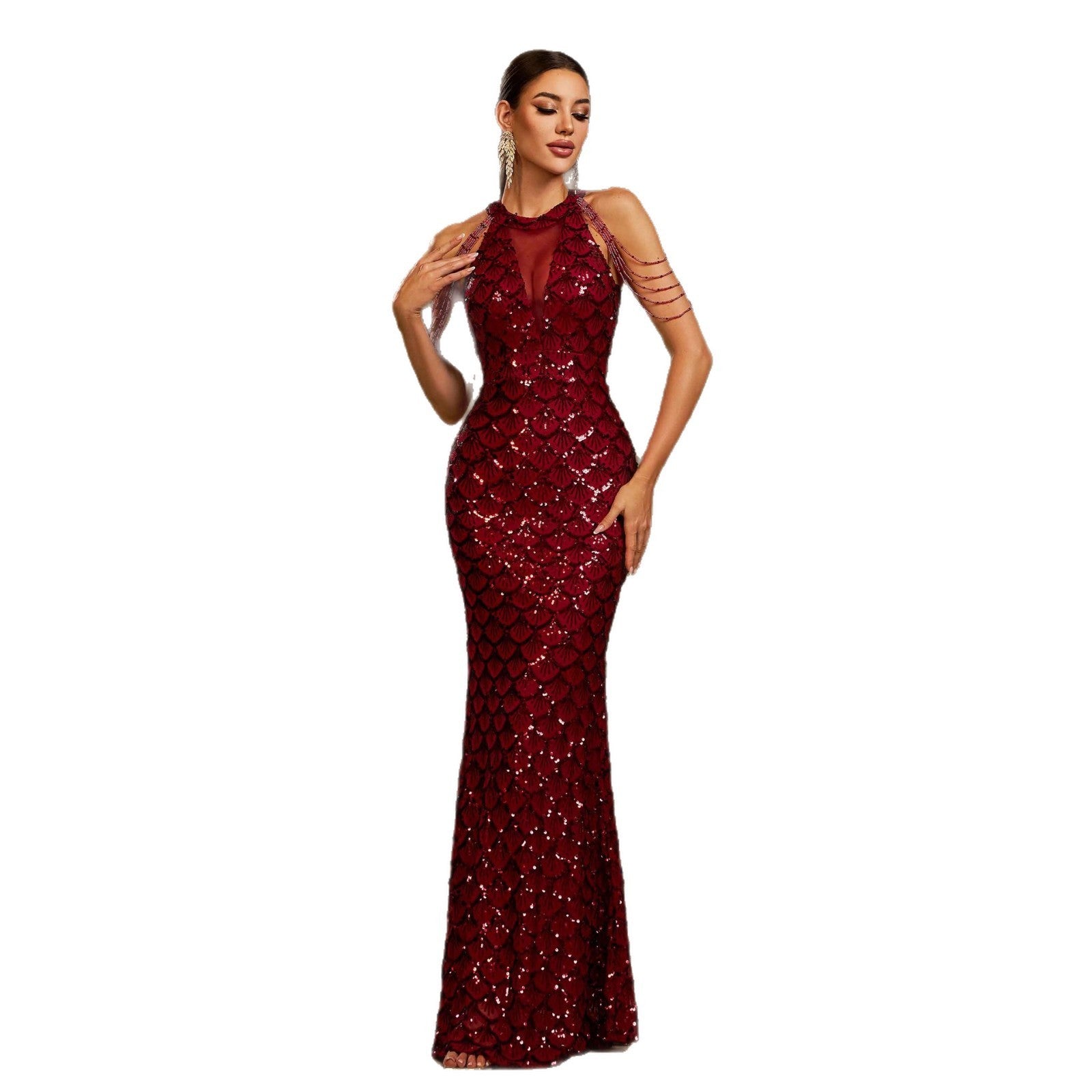Elegant Sleeveless Round Neck Sequins Slim Sheath Banquet Fishtail Dress - AL AZLAN SHOP alazlanshop
