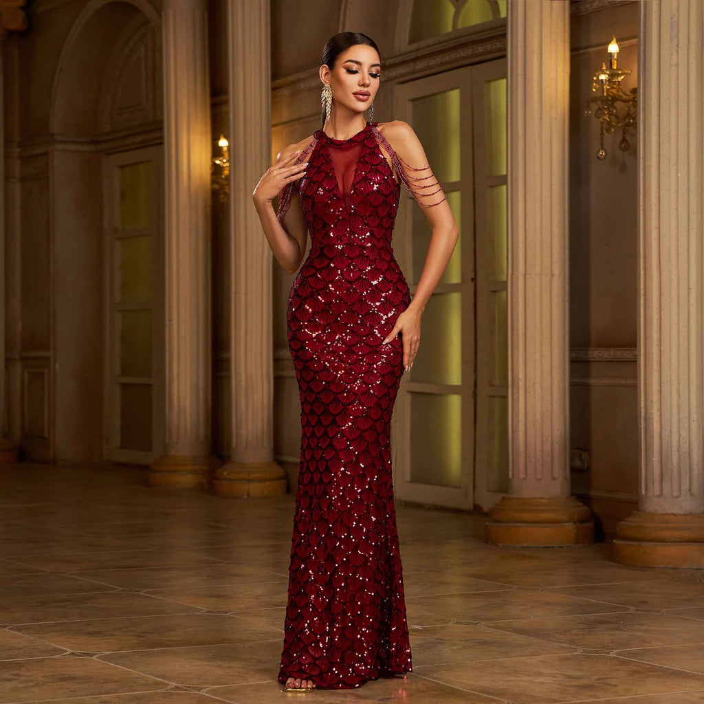 Elegant Sleeveless Round Neck Sequins Slim Sheath Banquet Fishtail Dress - AL AZLAN SHOP alazlanshop